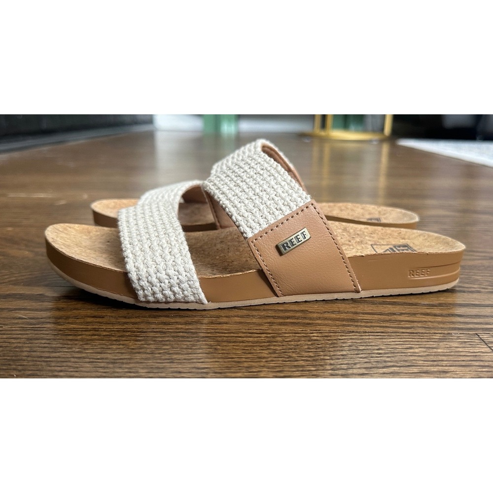 Reef Cushion Vista 2-band Women 7 Tan Woven Slide Sandal Beach Boho Comfort